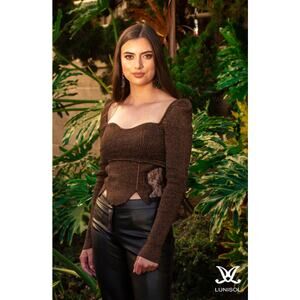 SELF-PORTRAIT‎ Sweetheart Neckline Ribbed Top In Brown Large